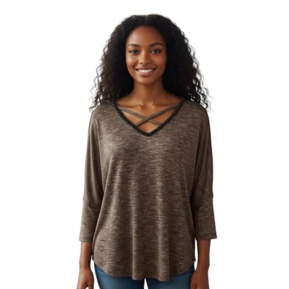 Vintage Juicy Couture Crisscross Beaded V Neck Brown Gray‎ 3/4 Sleeve Size Large